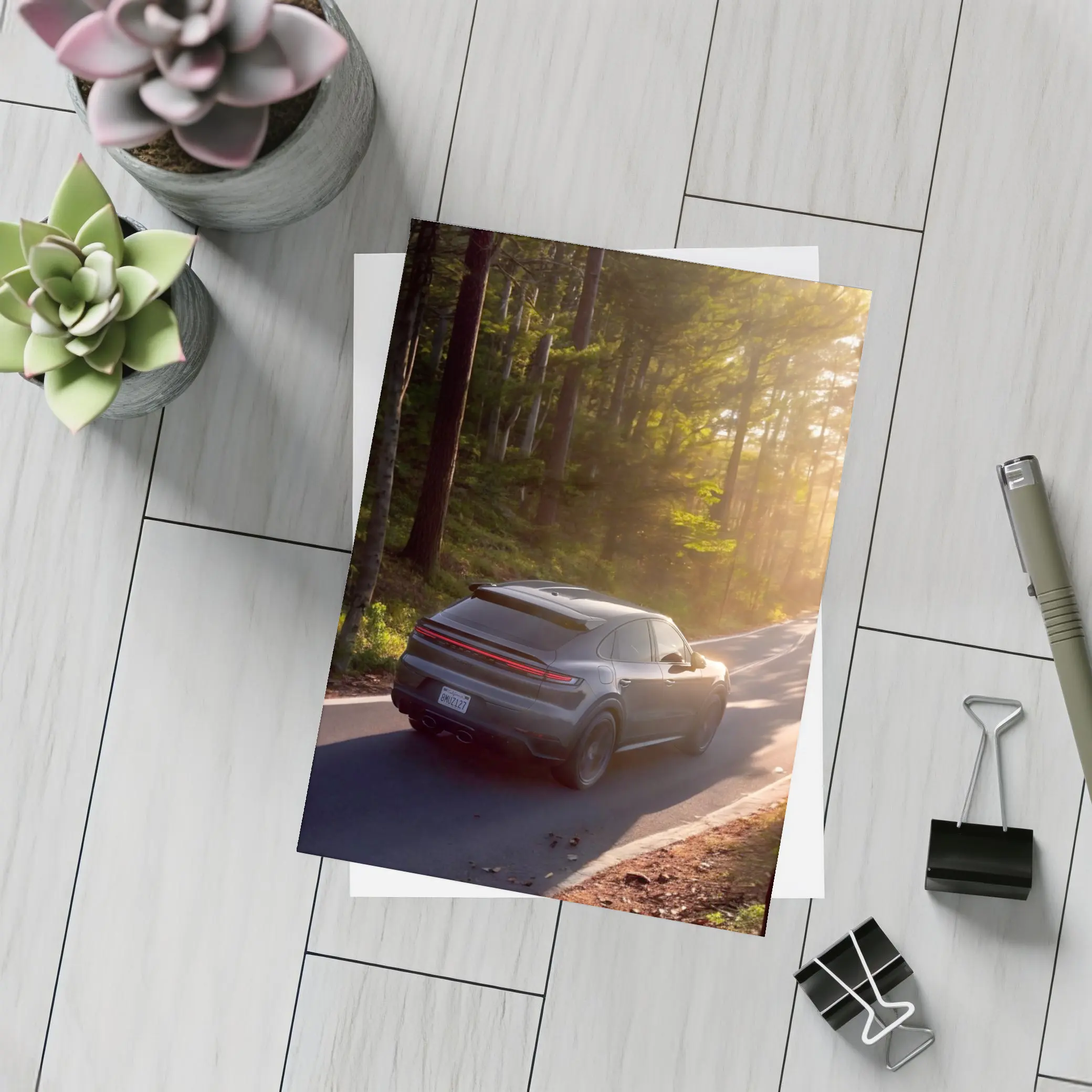Porsche Macan Driving Through Sunlit Forest – Postcards