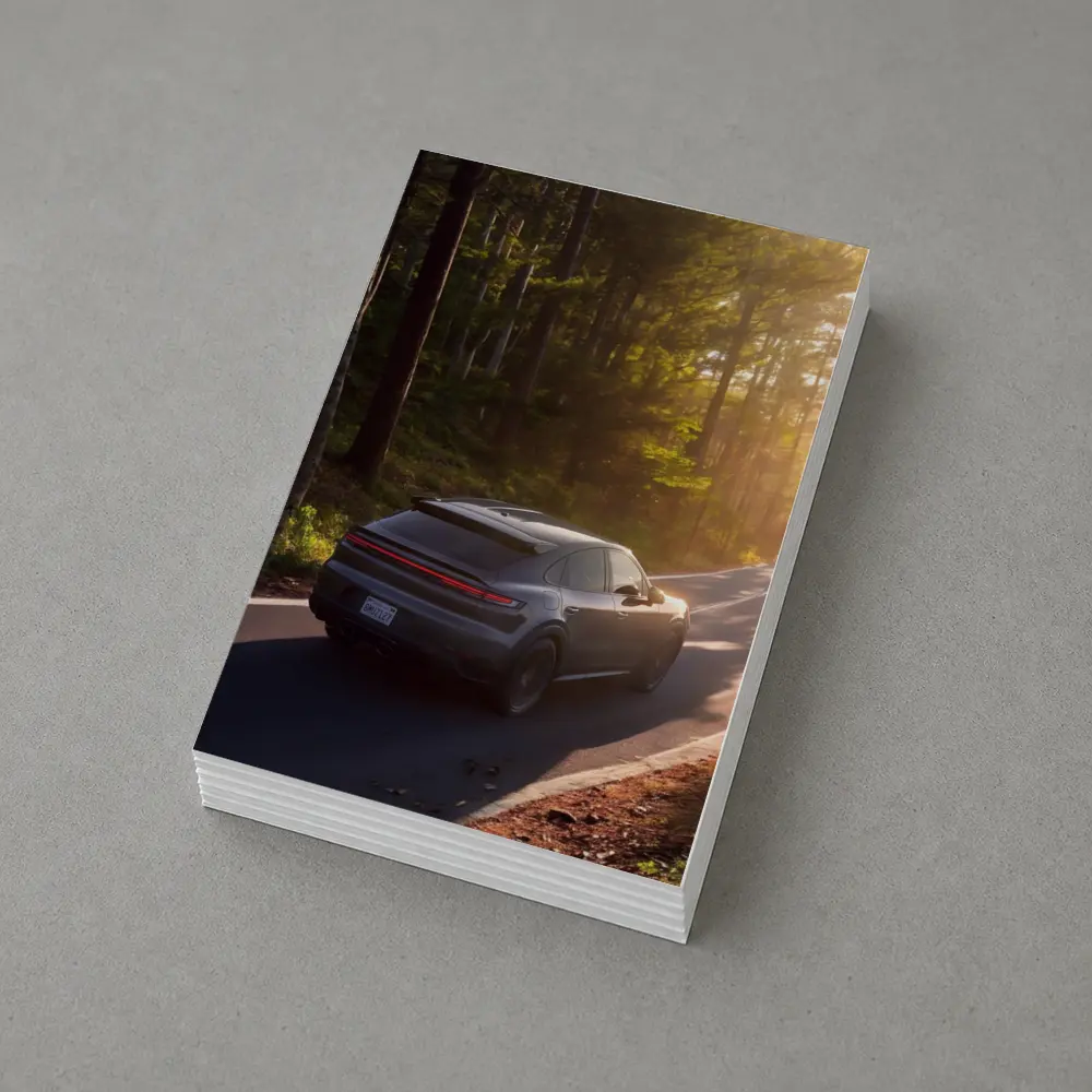 Porsche Macan Driving Through Sunlit Forest – Postcards