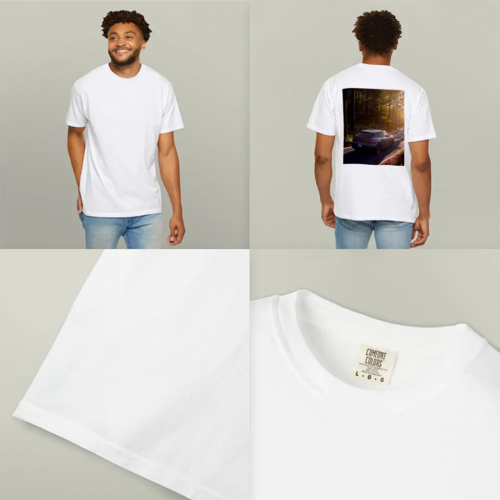 Porsche Macan Driving Through Sunlit Forest – T-Shirts