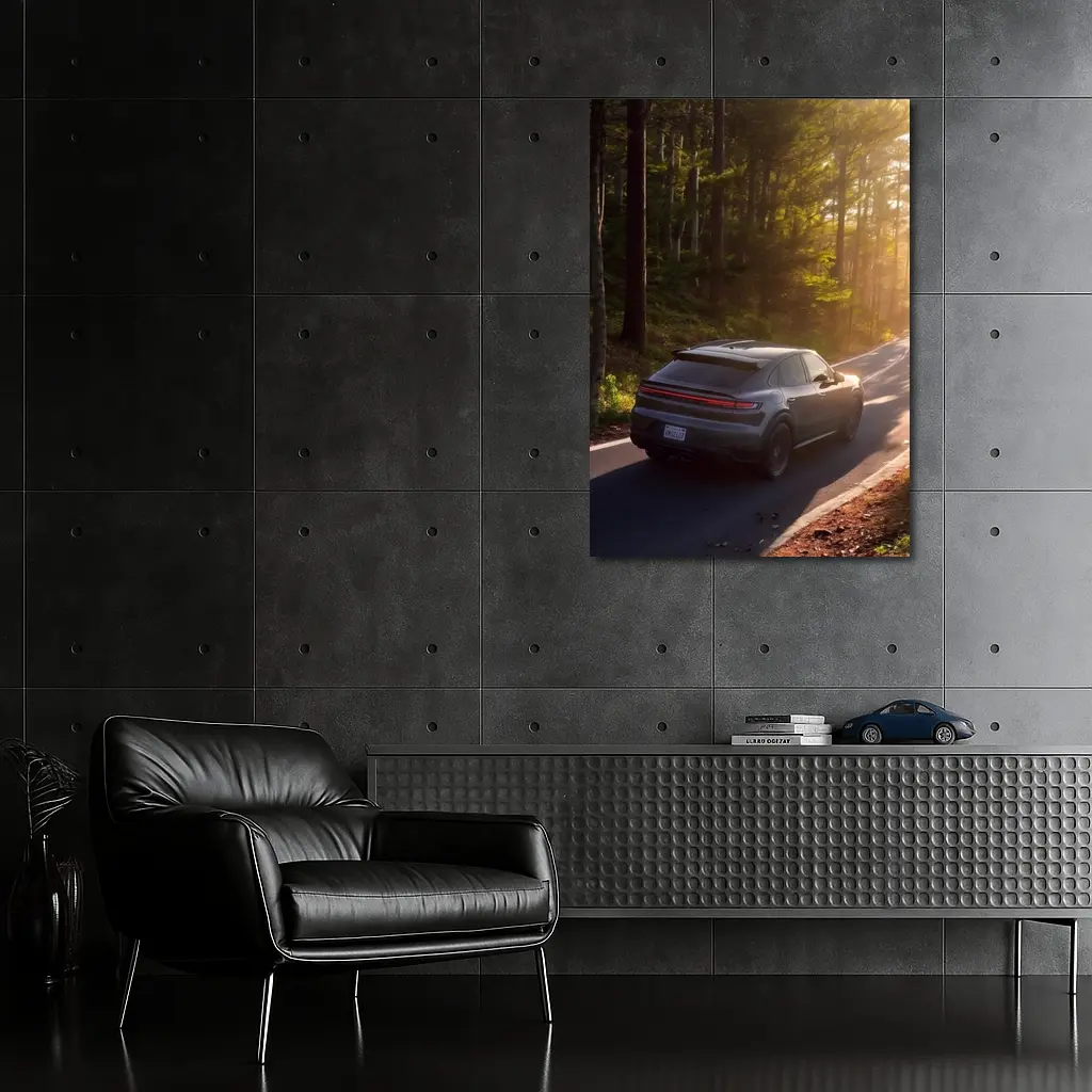 Porsche Macan Driving Through Sunlit Forest – Wall Art