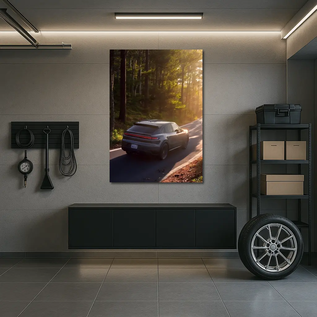 Porsche Macan Driving Through Sunlit Forest – Wall Art