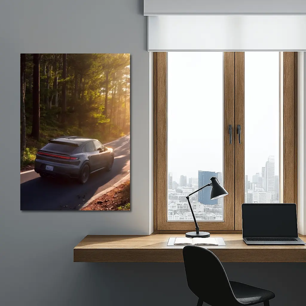 Porsche Macan Driving Through Sunlit Forest – Wall Art