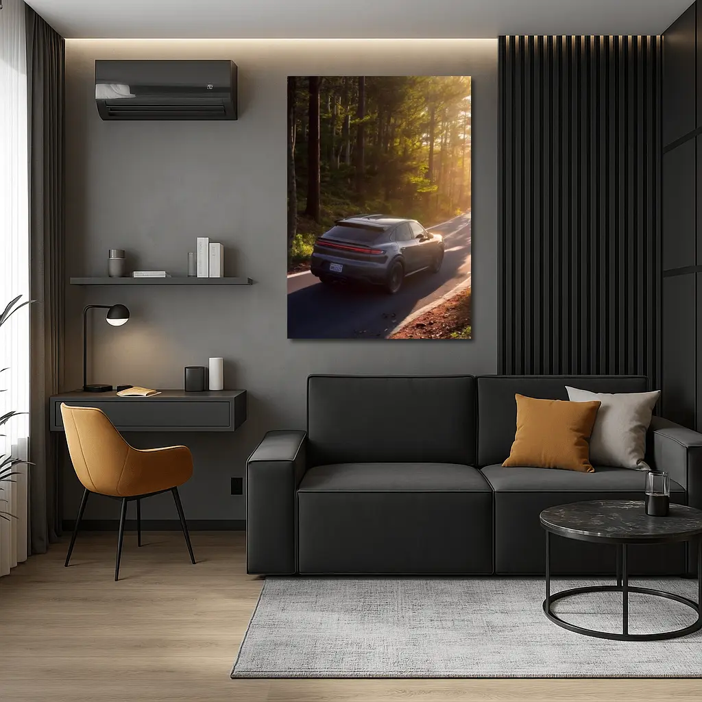 Porsche Macan Driving Through Sunlit Forest – Wall Art