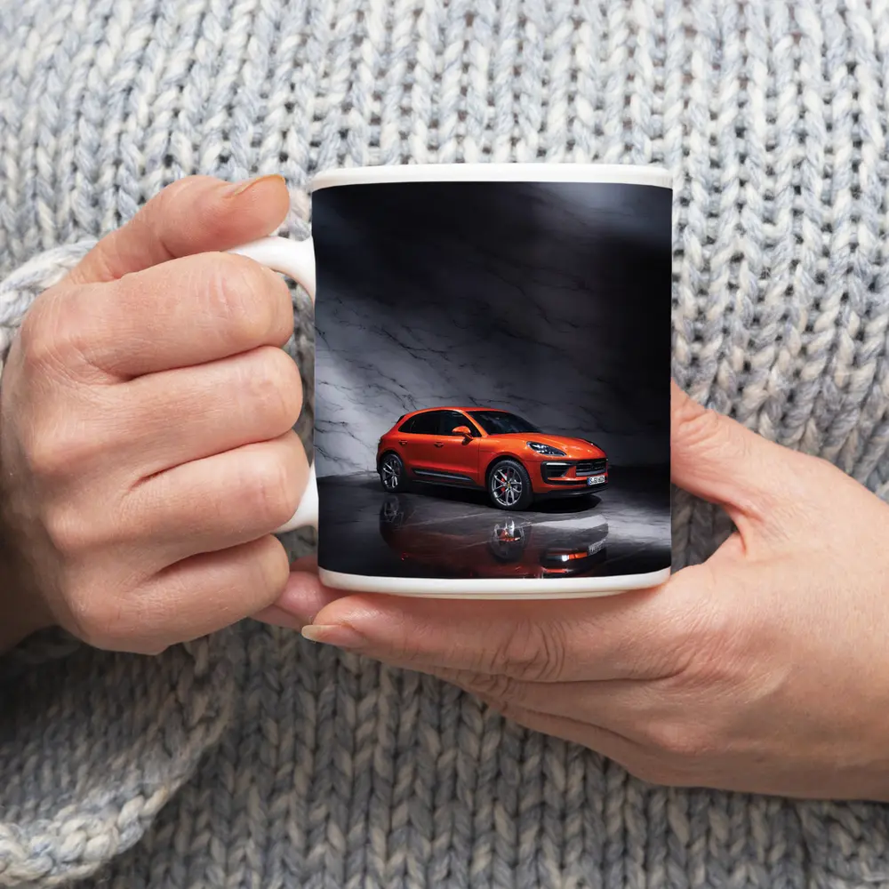 Porsche Macan Orange On Marble Background – Mugs