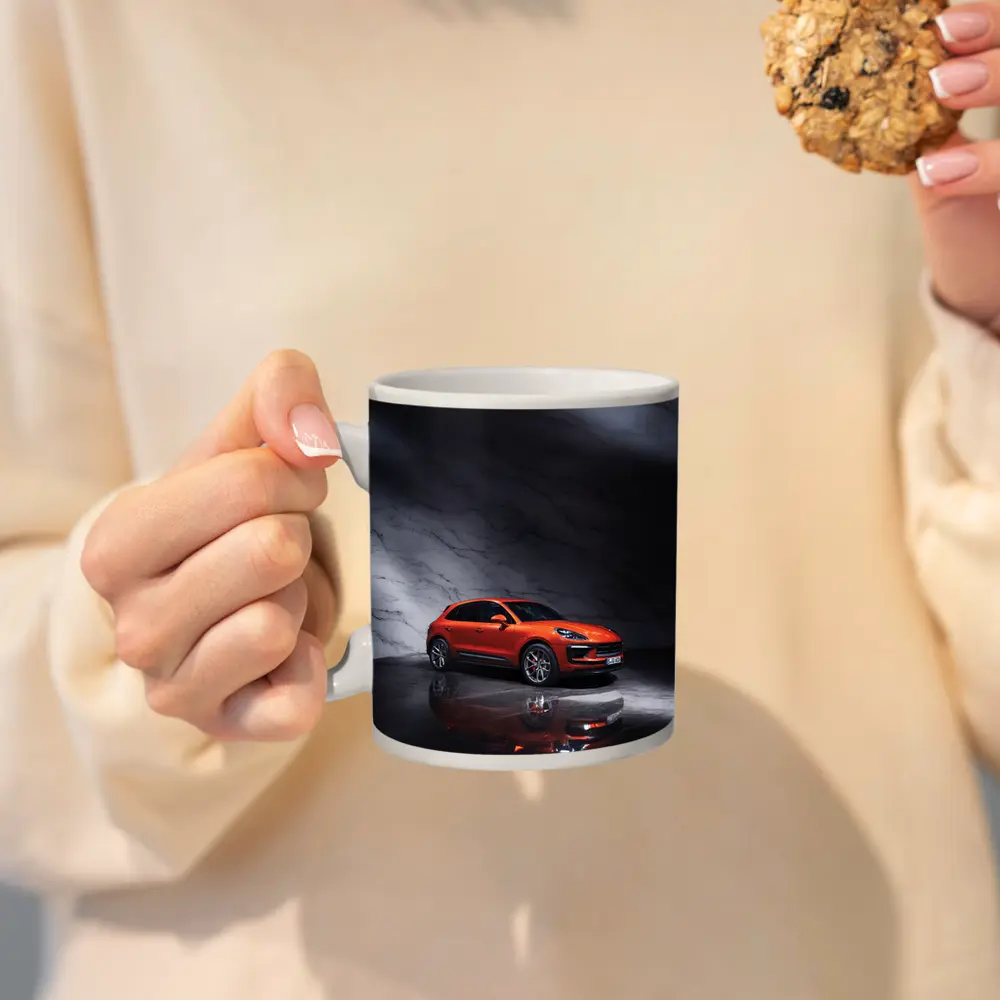 Porsche Macan Orange On Marble Background – Mugs