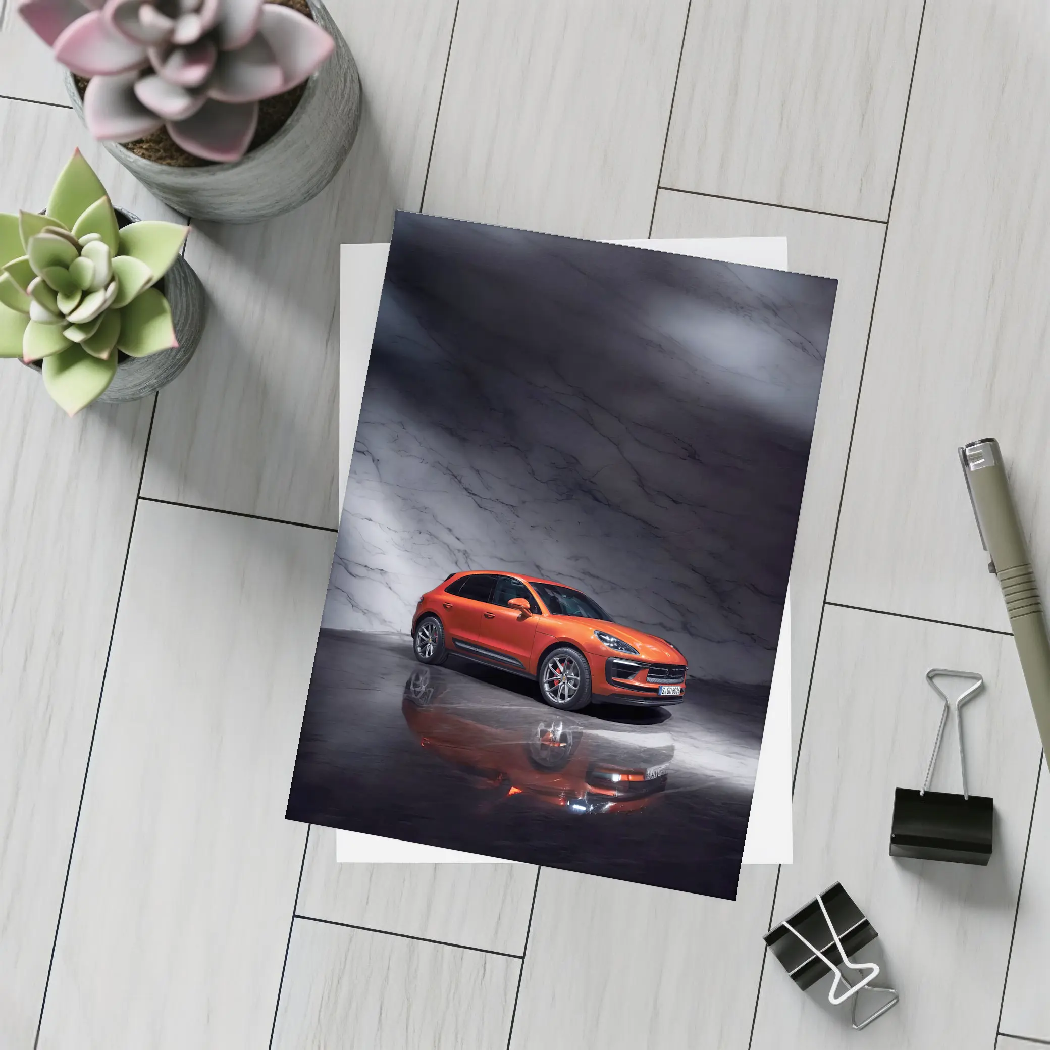 Porsche Macan Orange On Marble Background – Postcards