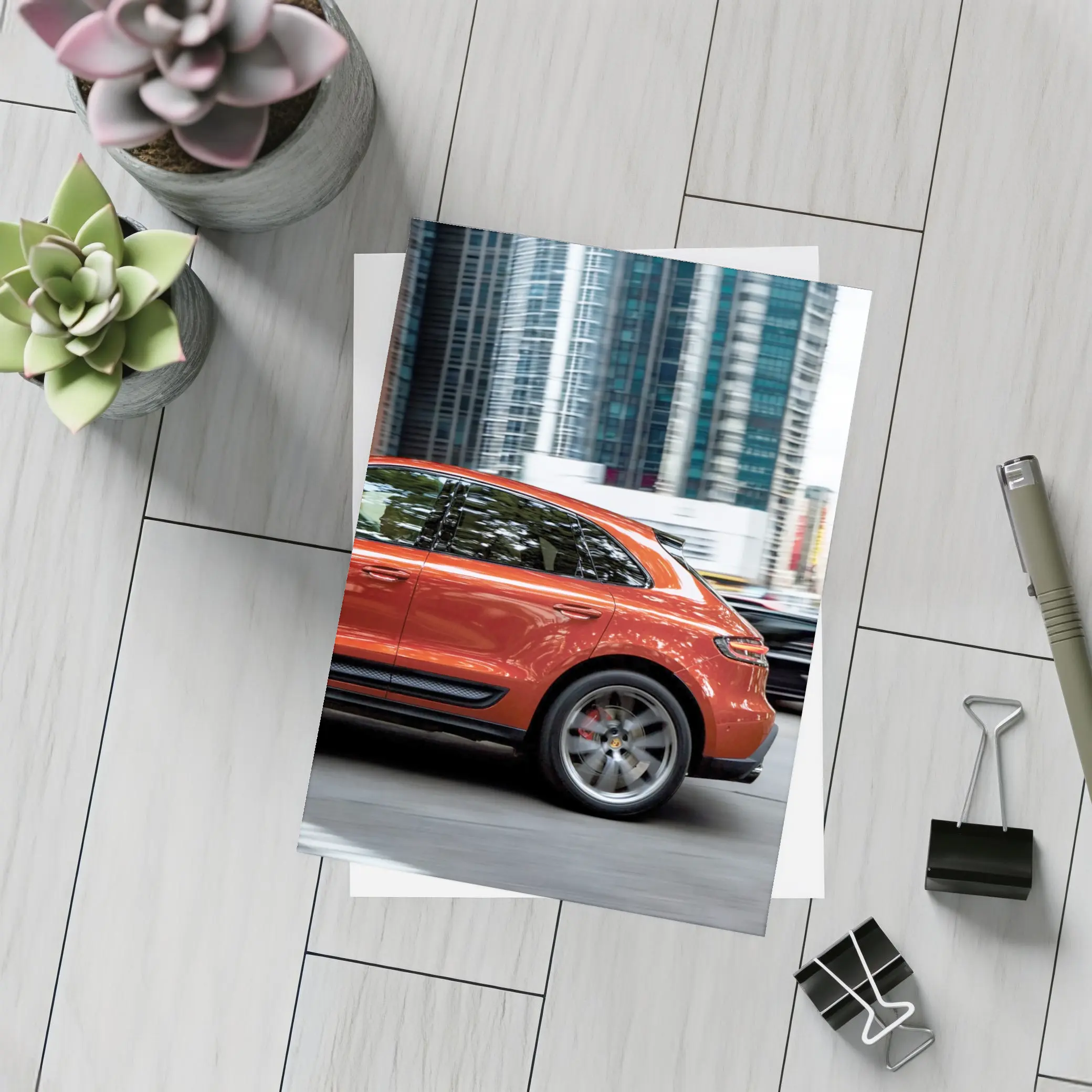 Porsche Macan S Orange City Skyscrapers – Postcards