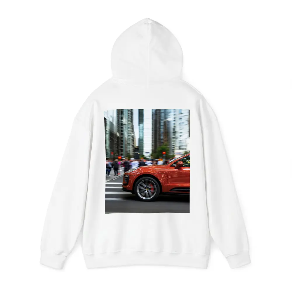Porsche Macan Orange Speeding Through City Streets – Hoodies