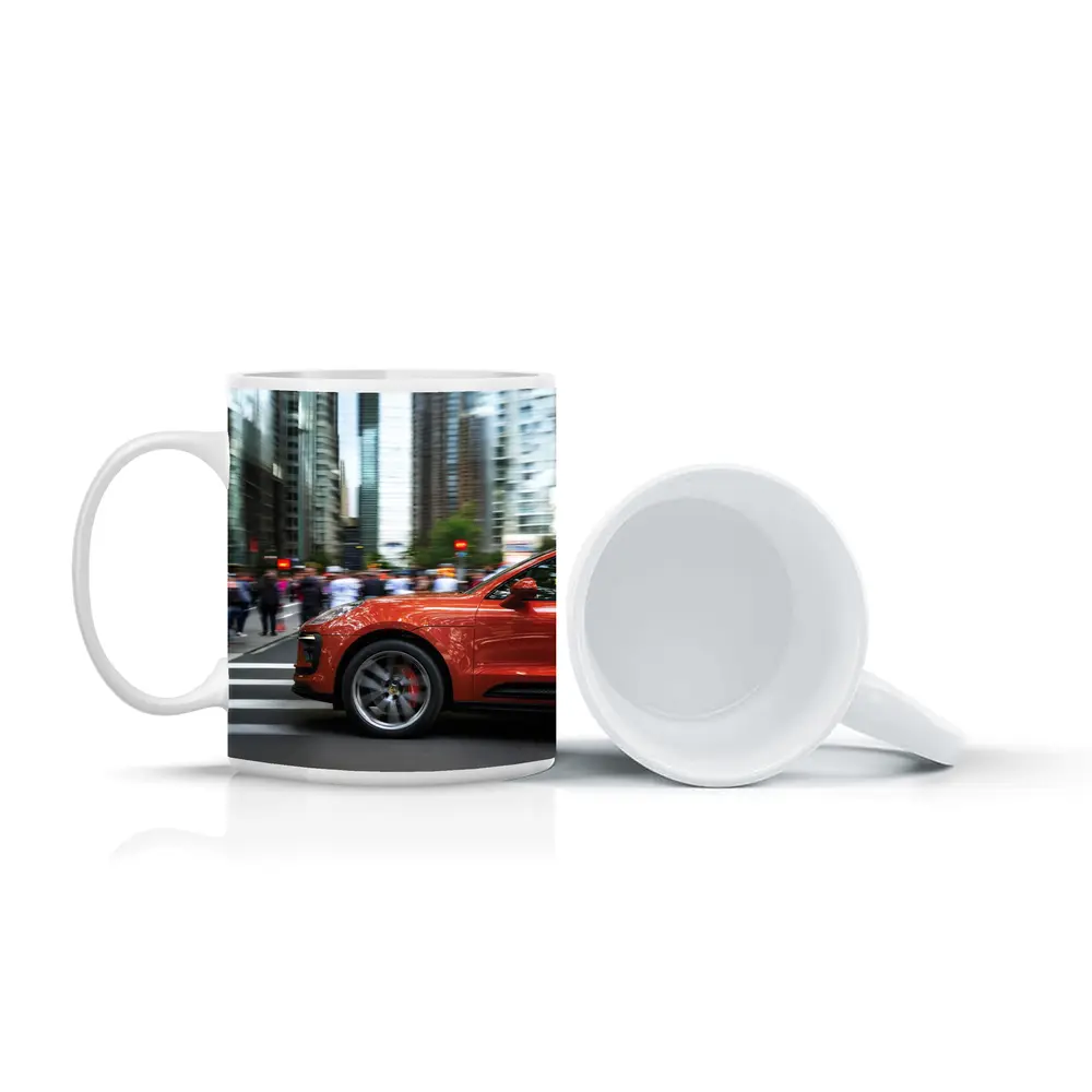 Porsche Macan Orange Speeding Through City Streets – Mugs