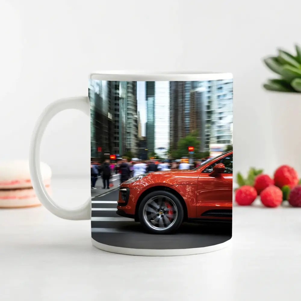 Porsche Macan Orange Speeding Through City Streets – Mugs