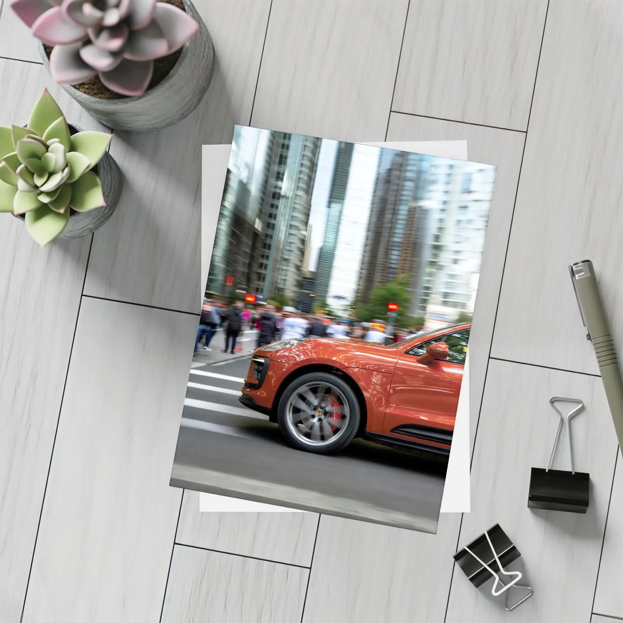 Porsche Macan Orange Speeding Through City Streets – Postcards
