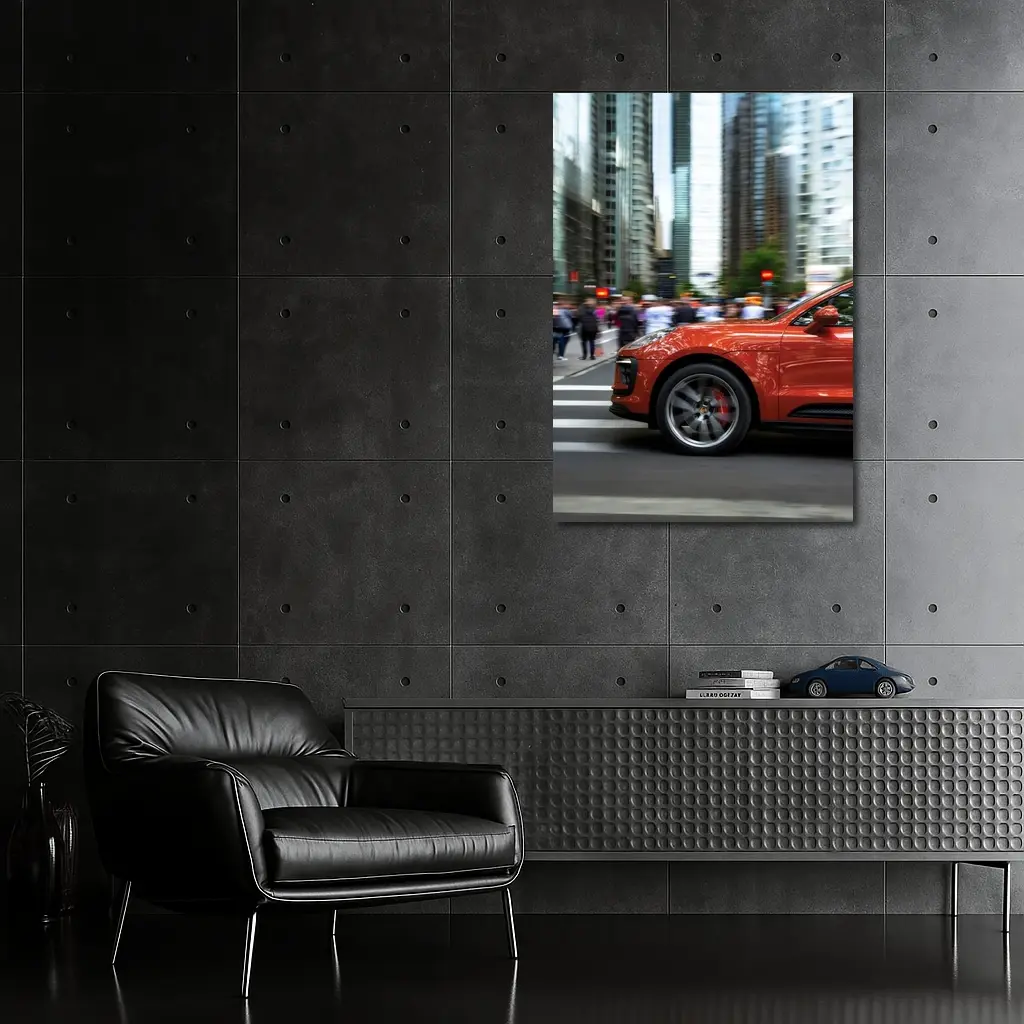 Porsche Macan Orange Speeding Through City Streets – Wall Art