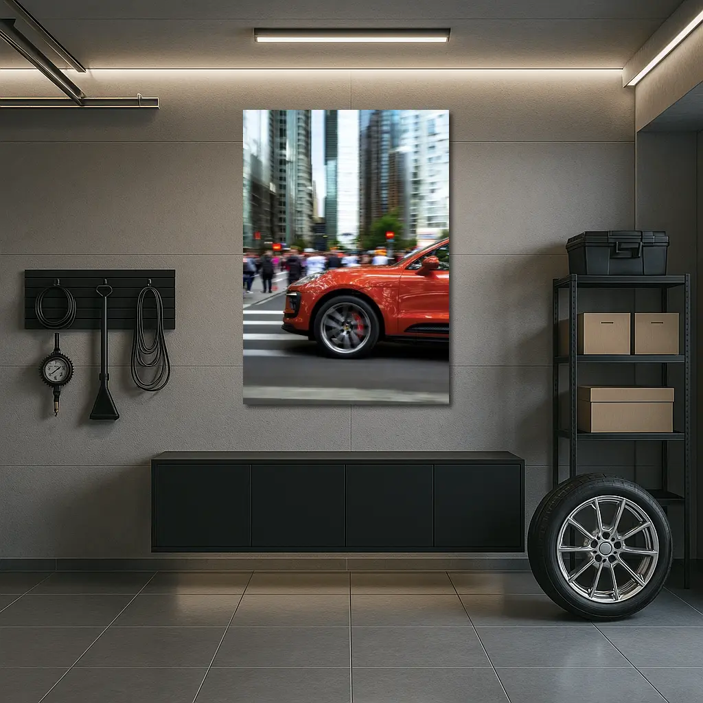 Porsche Macan Orange Speeding Through City Streets – Wall Art