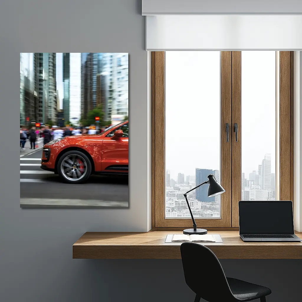 Porsche Macan Orange Speeding Through City Streets – Wall Art