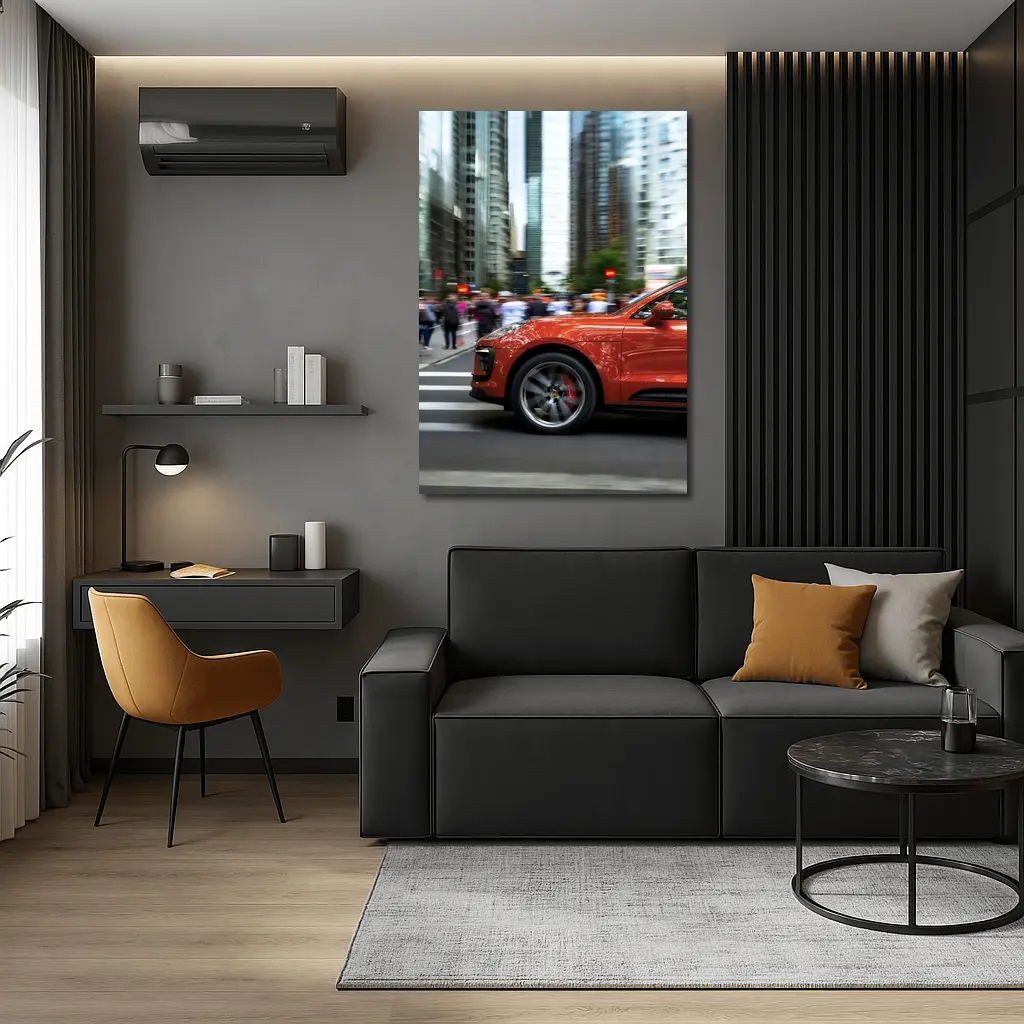Porsche Macan Orange Speeding Through City Streets – Wall Art