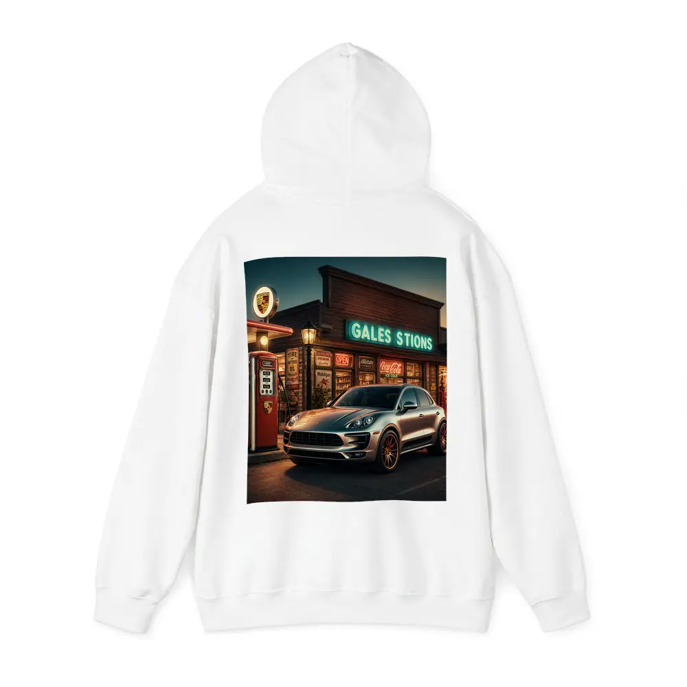 Porsche Macan at Retro Gas Station Night – Hoodies