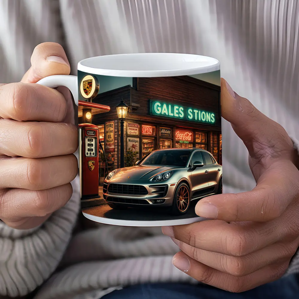 Porsche Macan at Retro Gas Station Night – Mugs