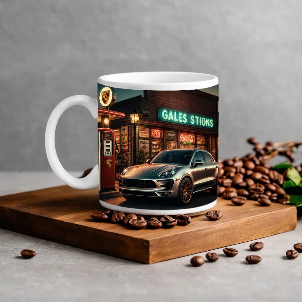 Porsche Macan at Retro Gas Station Night – Mugs