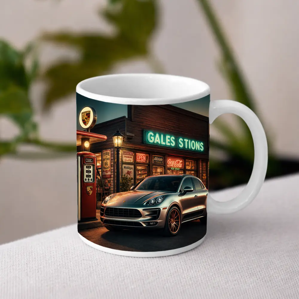 Porsche Macan at Retro Gas Station Night – Mugs