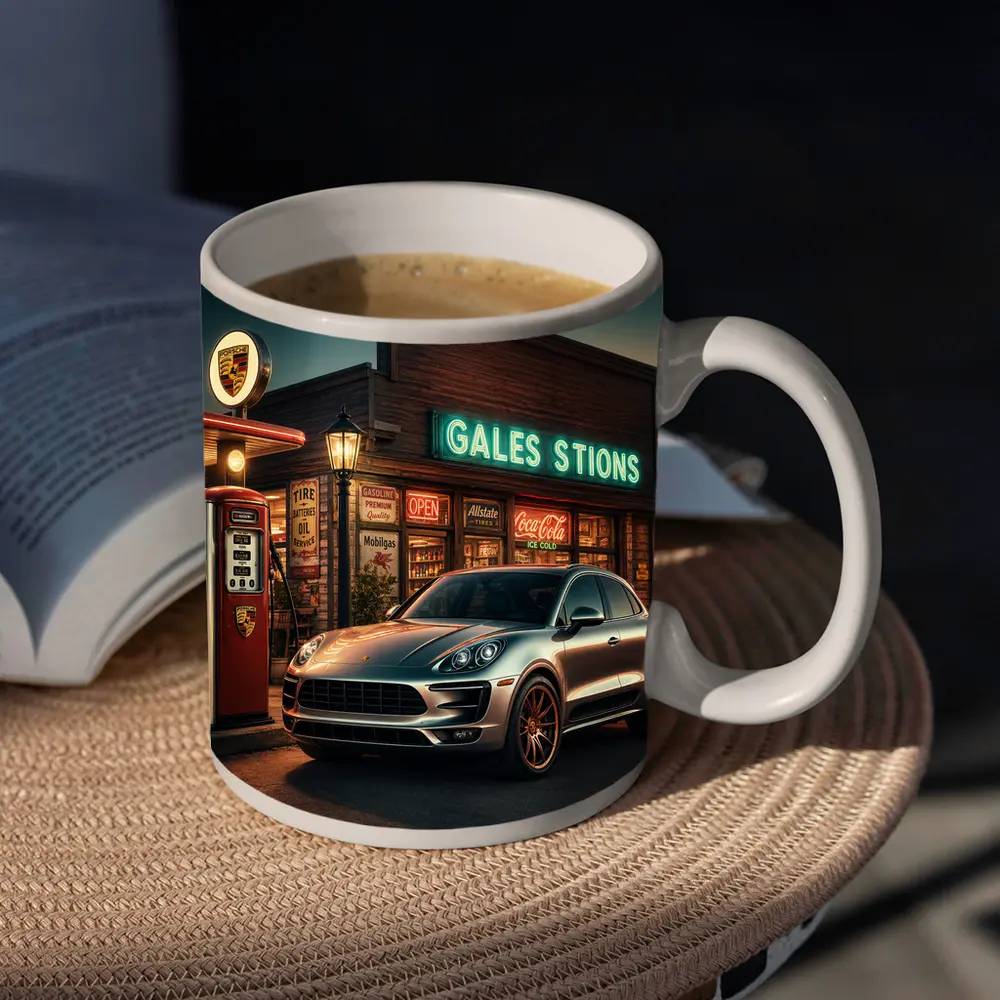 Porsche Macan at Retro Gas Station Night – Mugs