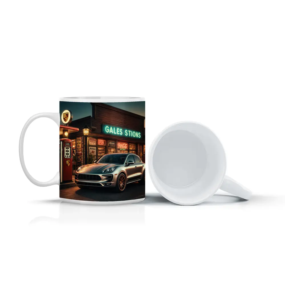 Porsche Macan at Retro Gas Station Night – Mugs