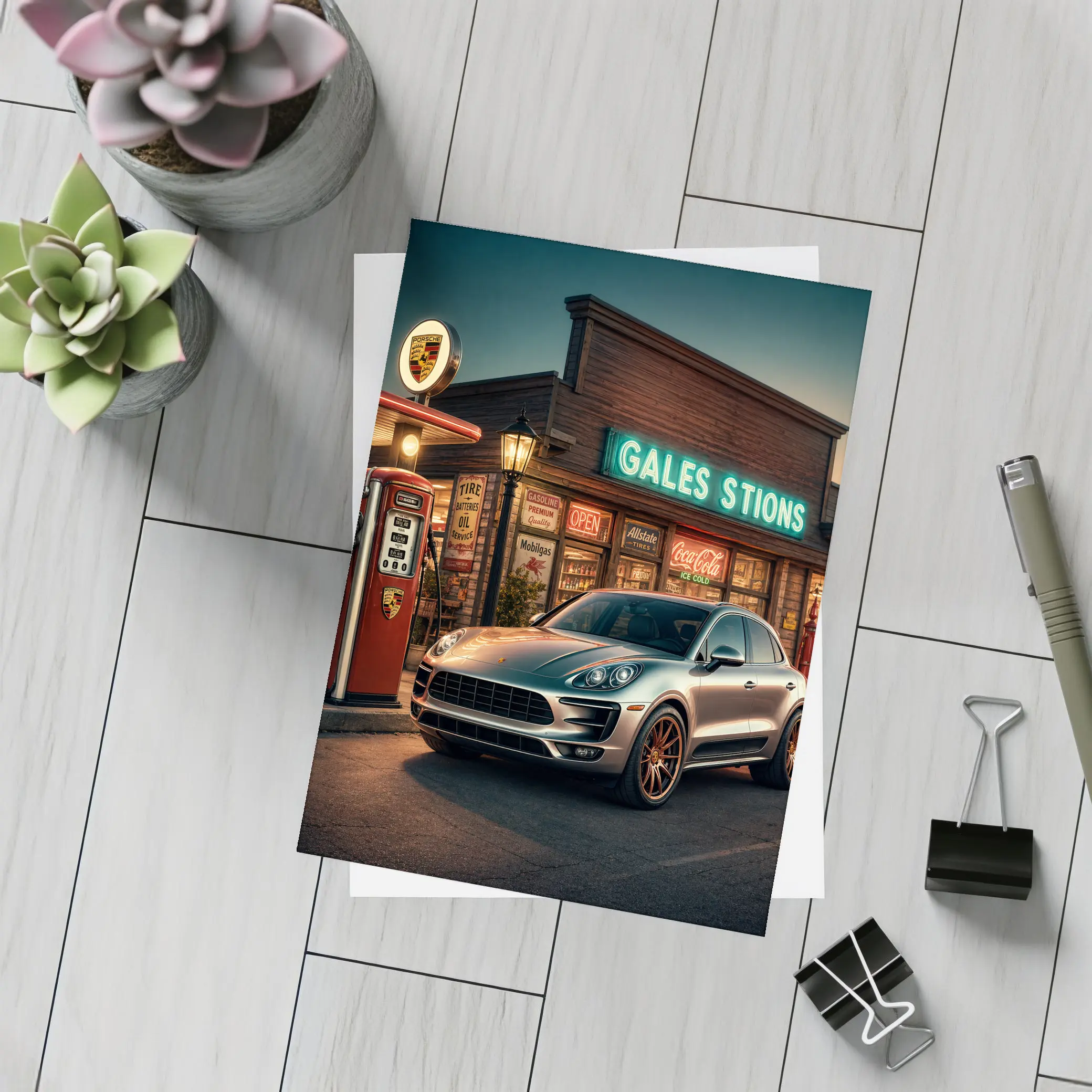 Porsche Macan at Retro Gas Station Night – Postcards