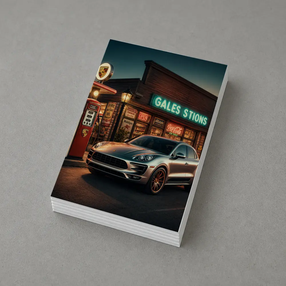 Porsche Macan at Retro Gas Station Night – Postcards