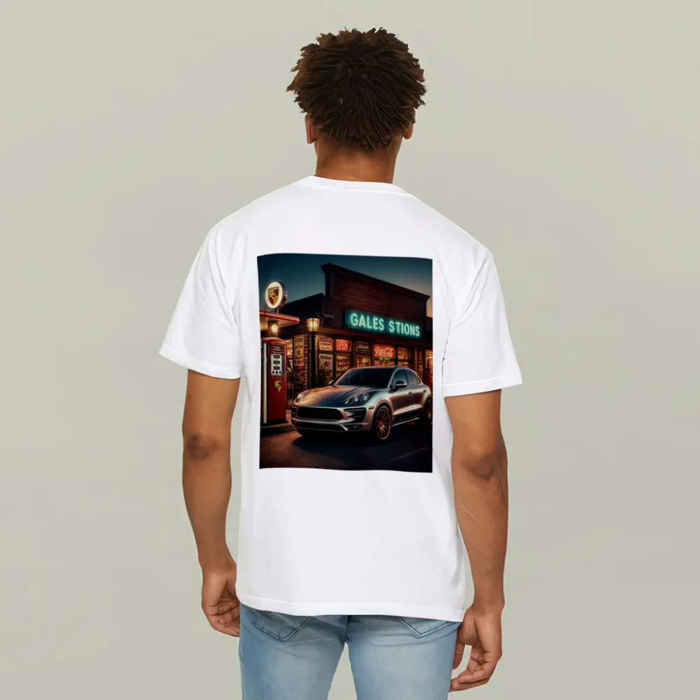 Porsche Macan at Retro Gas Station Night – T-Shirts