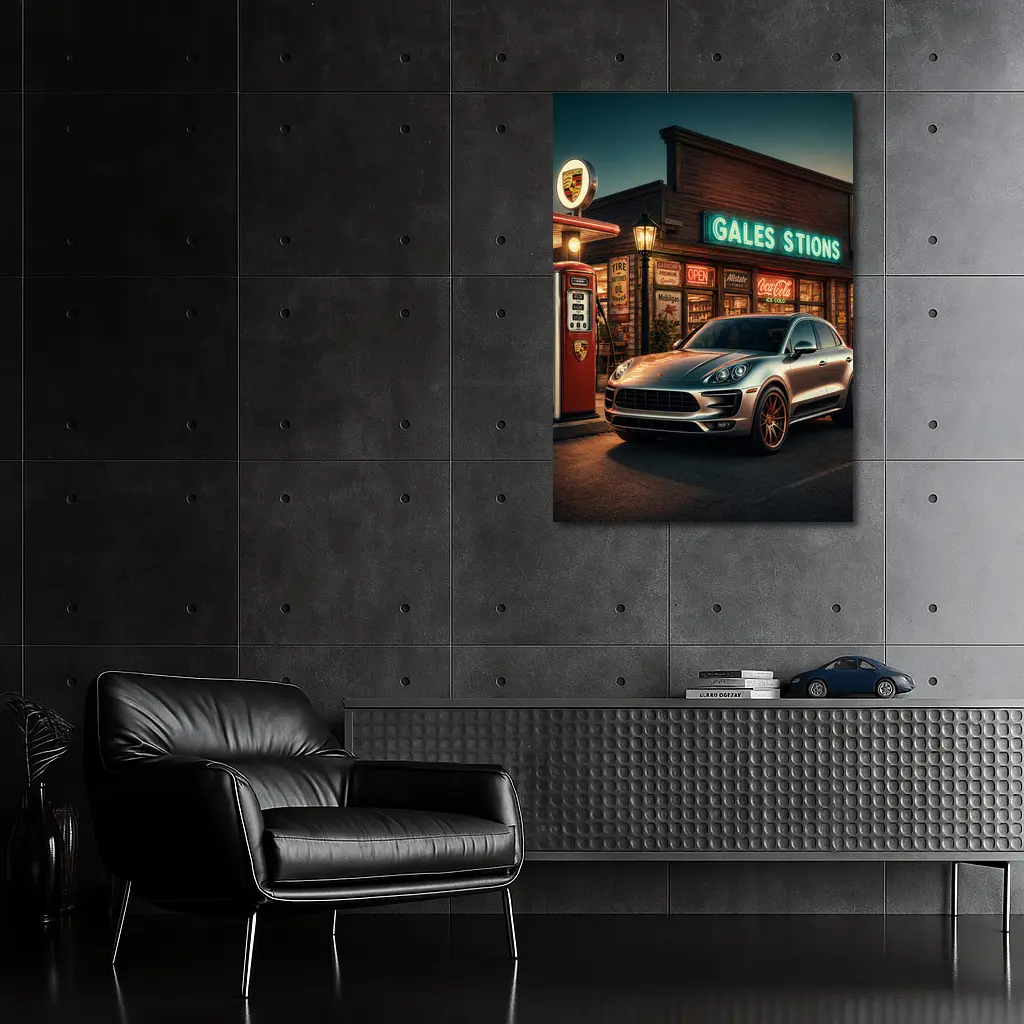 Porsche Macan at Retro Gas Station Night – Wall Art