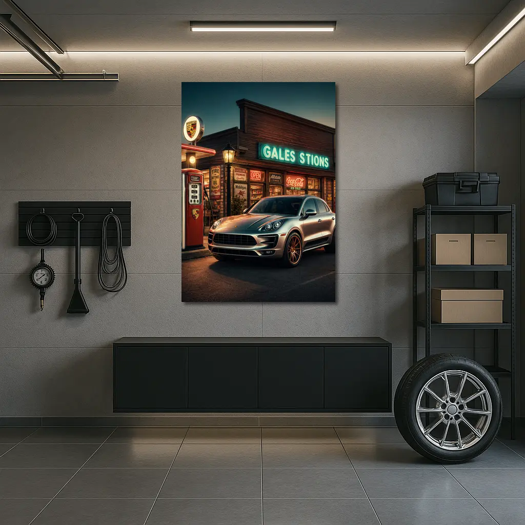 Porsche Macan at Retro Gas Station Night – Wall Art