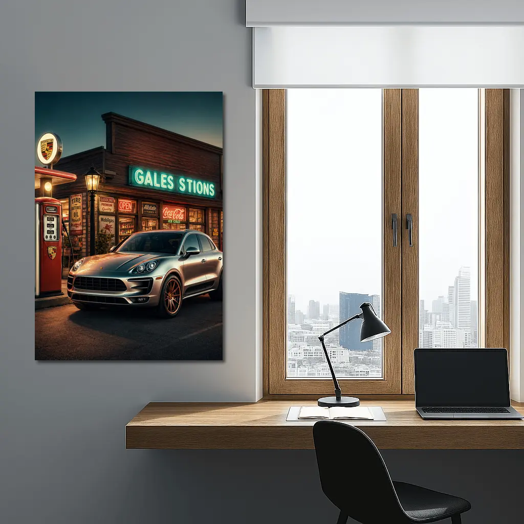 Porsche Macan at Retro Gas Station Night – Wall Art