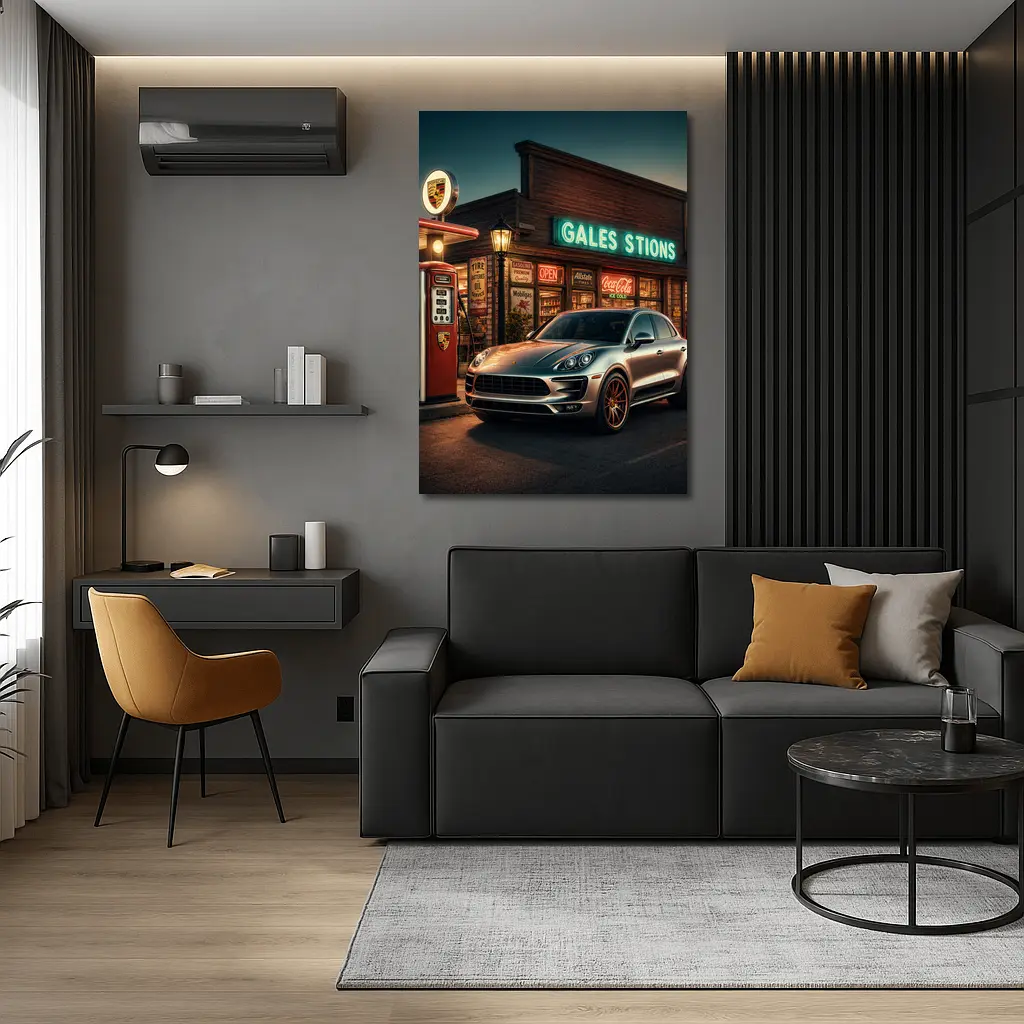 Porsche Macan at Retro Gas Station Night – Wall Art