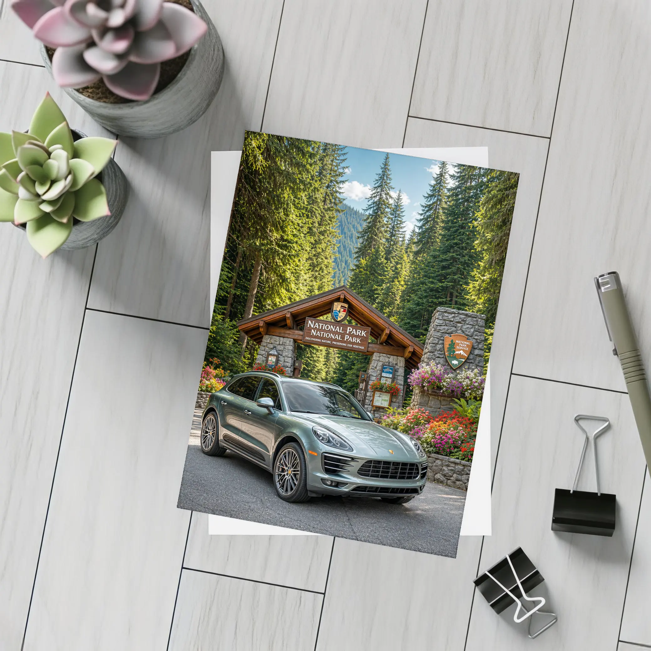 Porsche Macan at National Park Entrance – Postcards