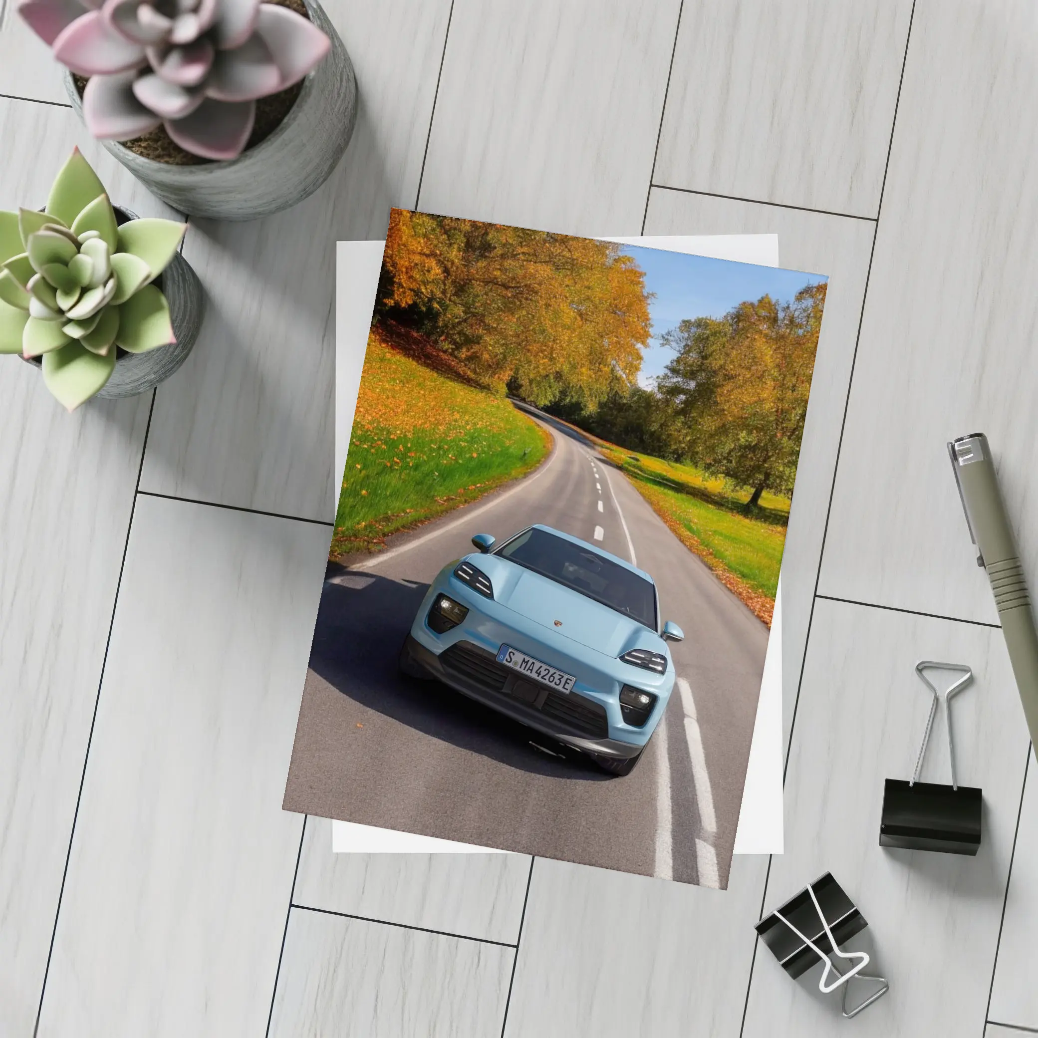 Porsche Macan Electric Blue Autumn Road Drive – Postcards