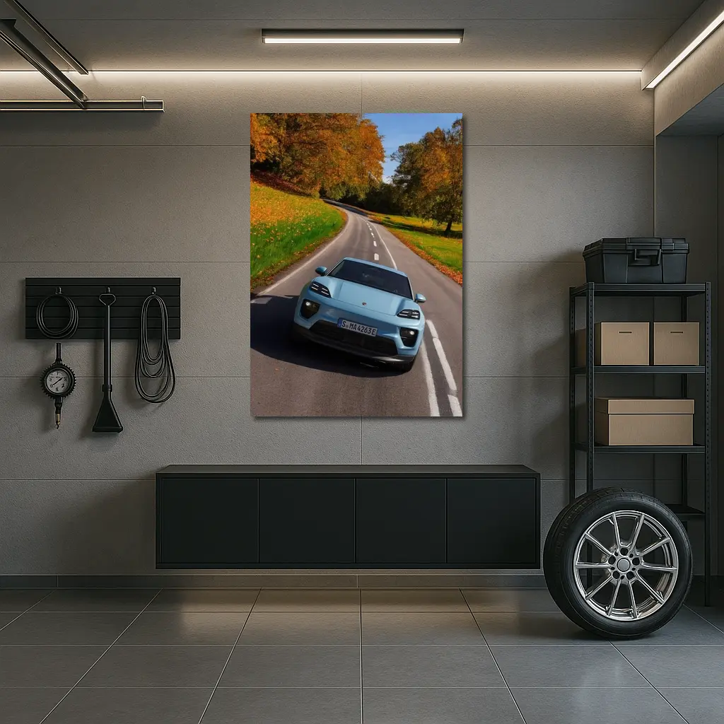 Porsche Macan Electric Blue Autumn Road Drive – Wall Art