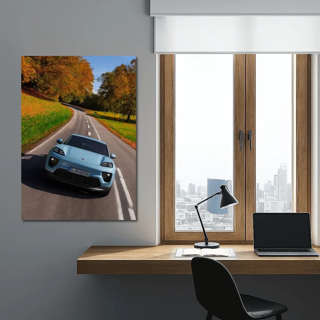 Porsche Macan Electric Blue Autumn Road Drive – Wall Art
