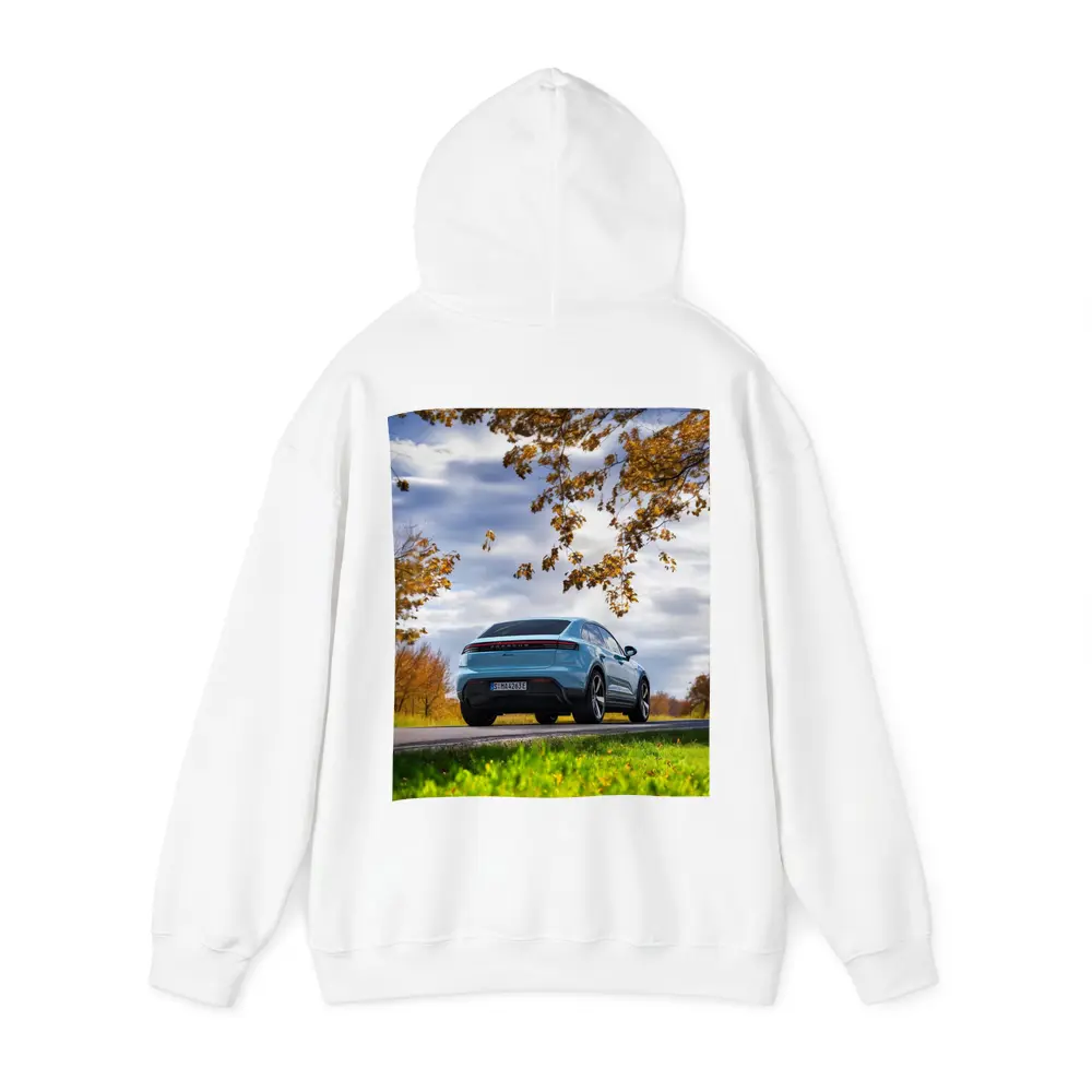 Porsche Macan Blue On Autumn Country Road – Hoodies