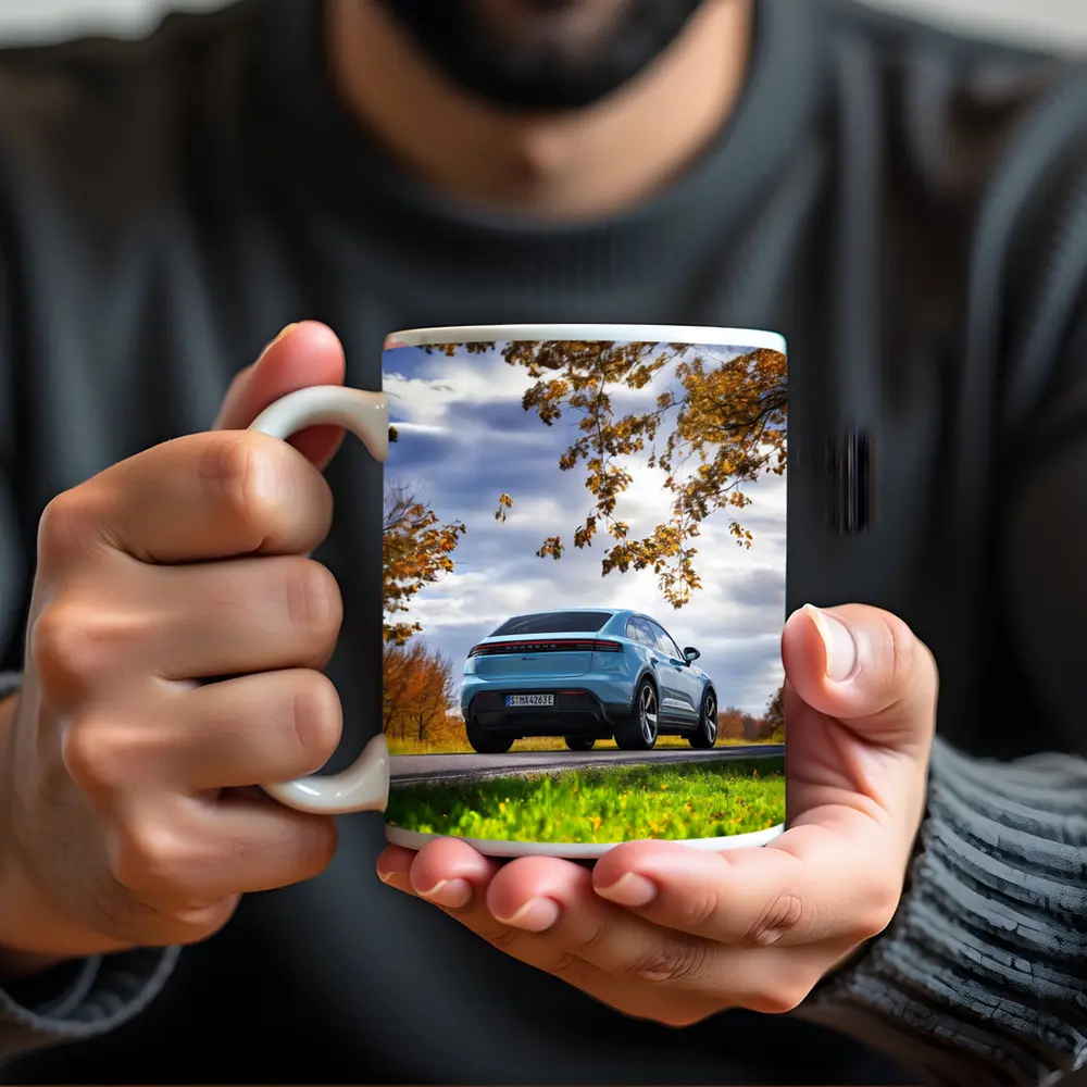 Porsche Macan Blue On Autumn Country Road – Mugs