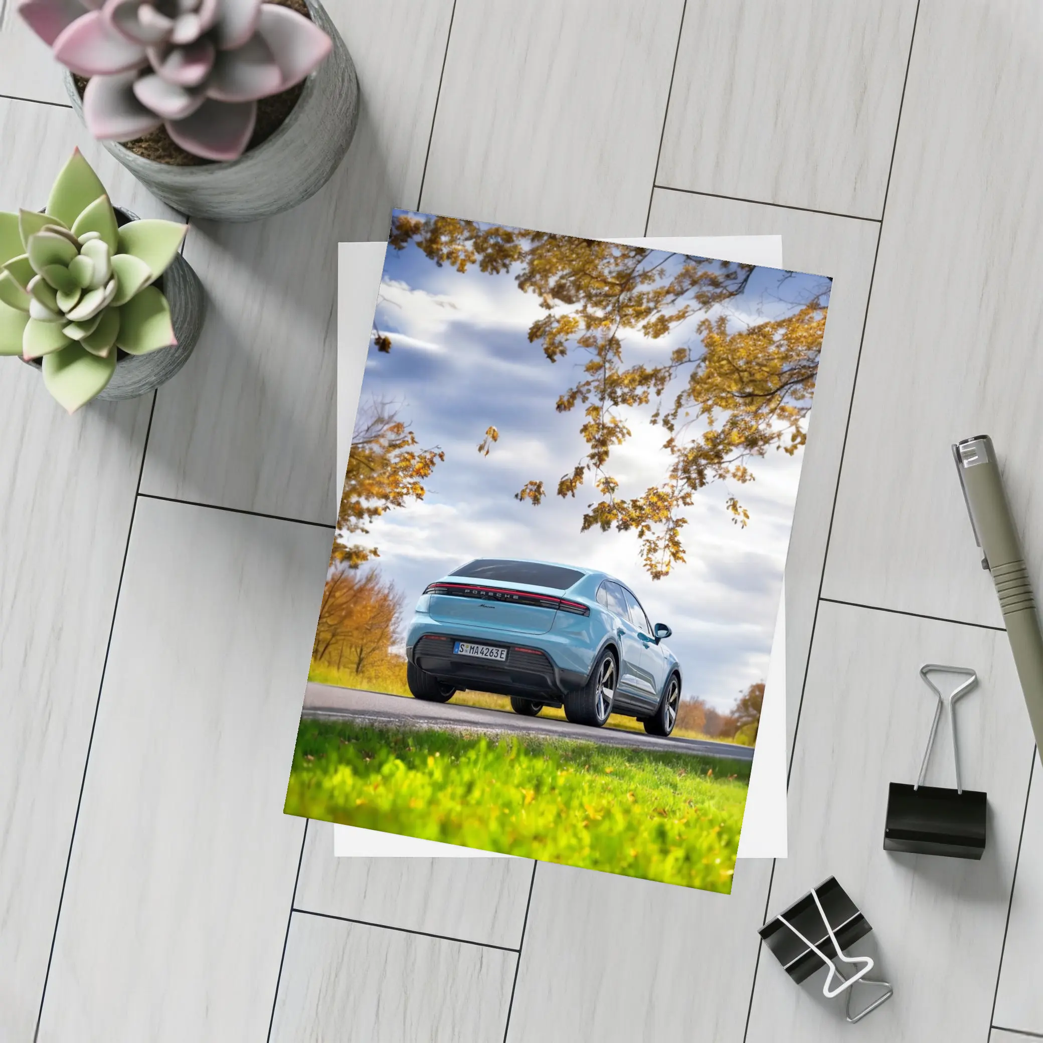 Porsche Macan Blue On Autumn Country Road – Postcards