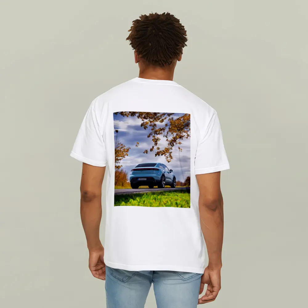 Porsche Macan Blue On Autumn Country Road – T-Shirts