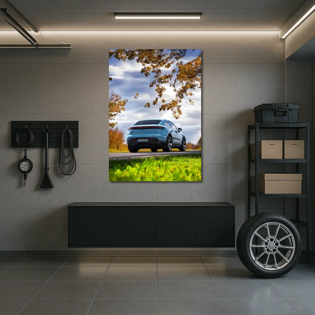 Porsche Macan Blue On Autumn Country Road – Wall Art