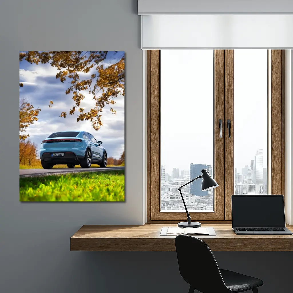 Porsche Macan Blue On Autumn Country Road – Wall Art