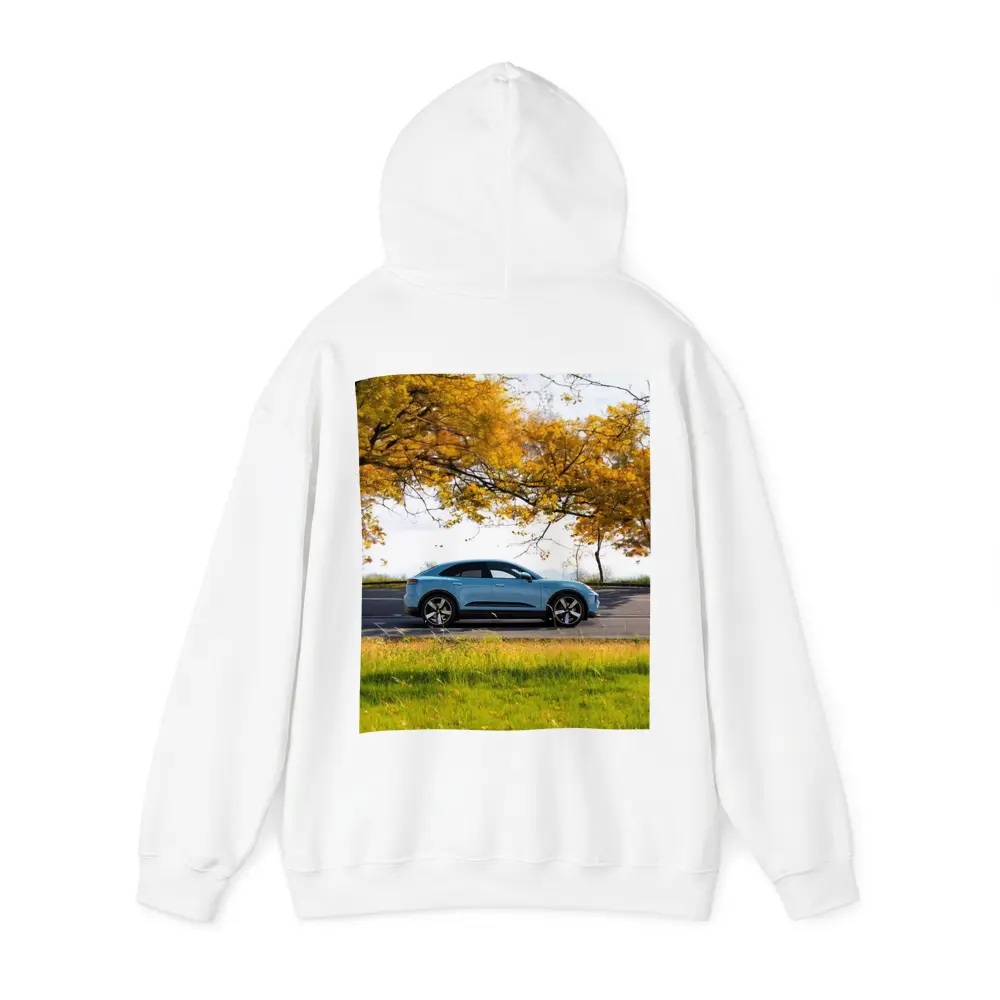 Porsche Macan Blue Side Profile Autumn Trees – Hoodies