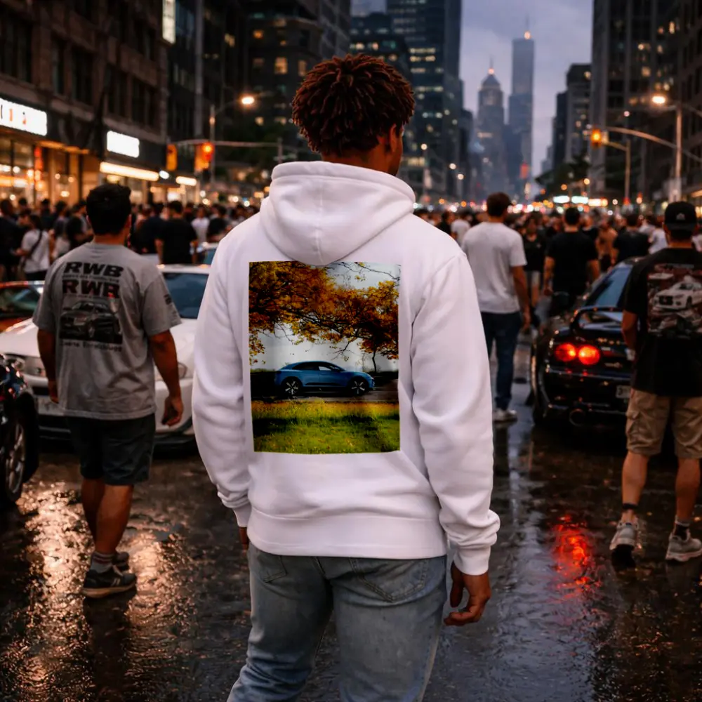 Porsche Macan Blue Side Profile Autumn Trees – Hoodies