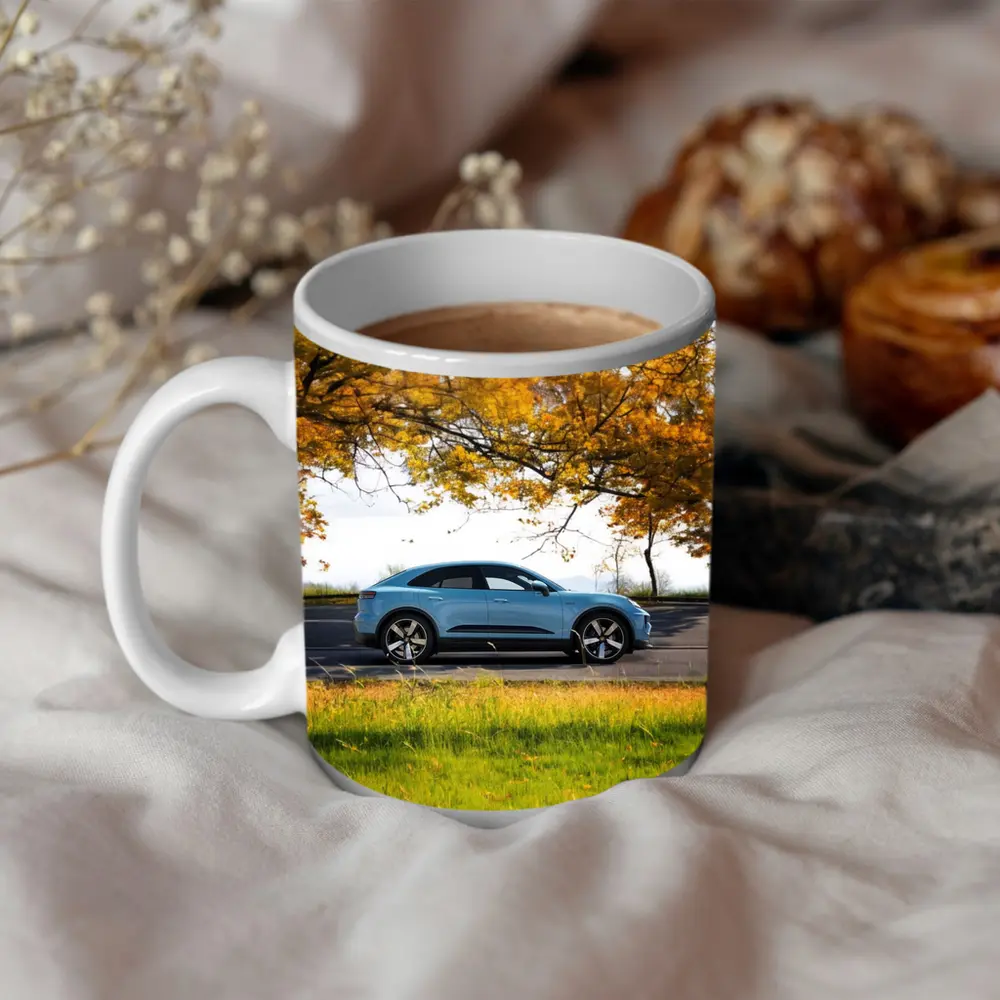 Porsche Macan Blue Side Profile Autumn Trees – Mugs