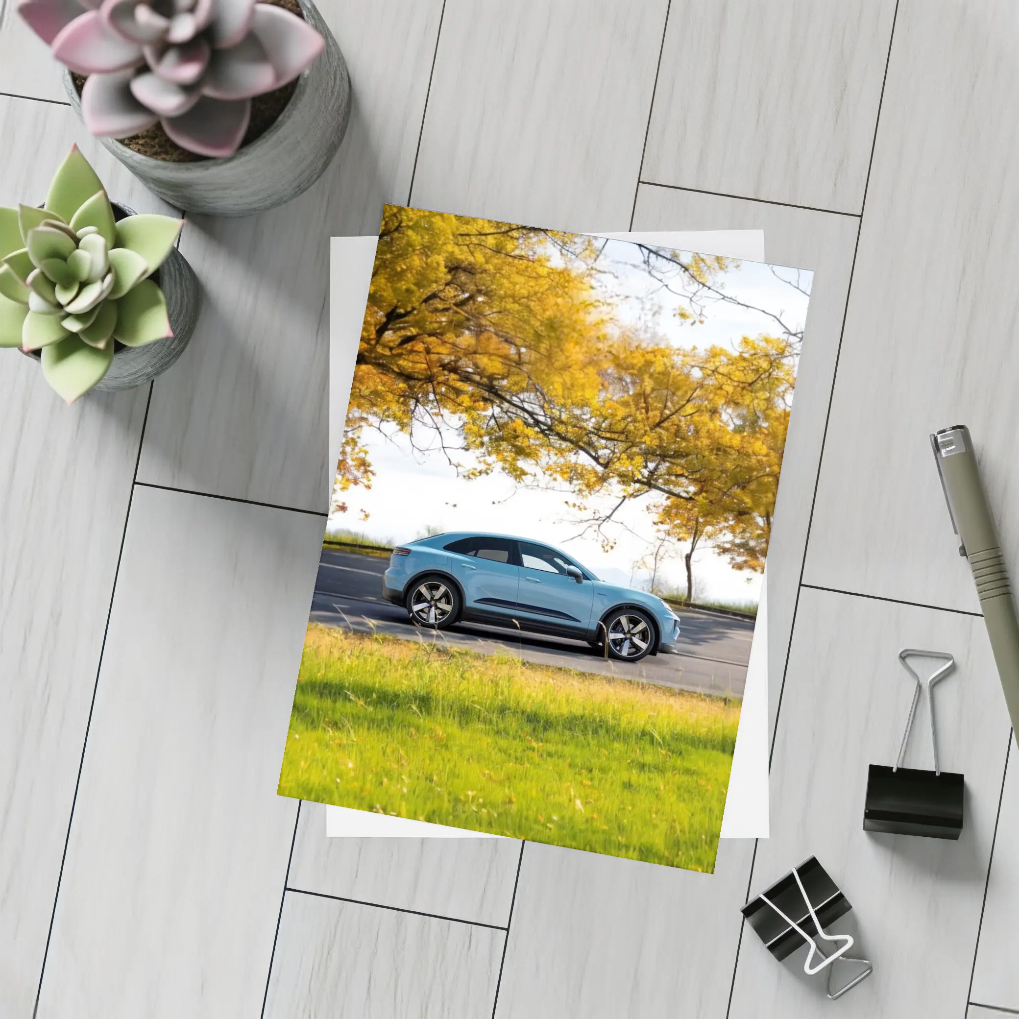 Porsche Macan Blue Side Profile Autumn Trees – Postcards