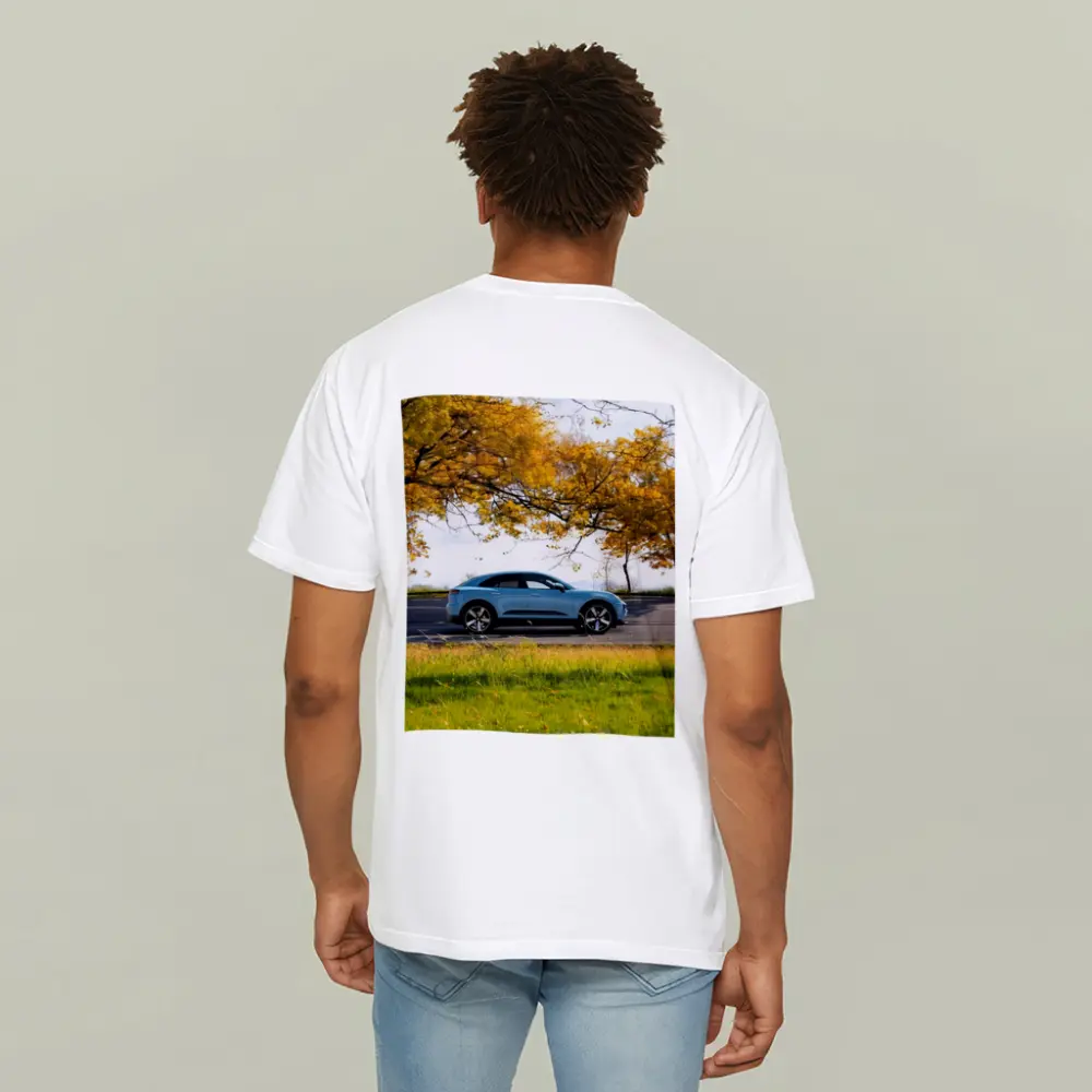 Porsche Macan Blue Side Profile Autumn Trees – T-Shirts