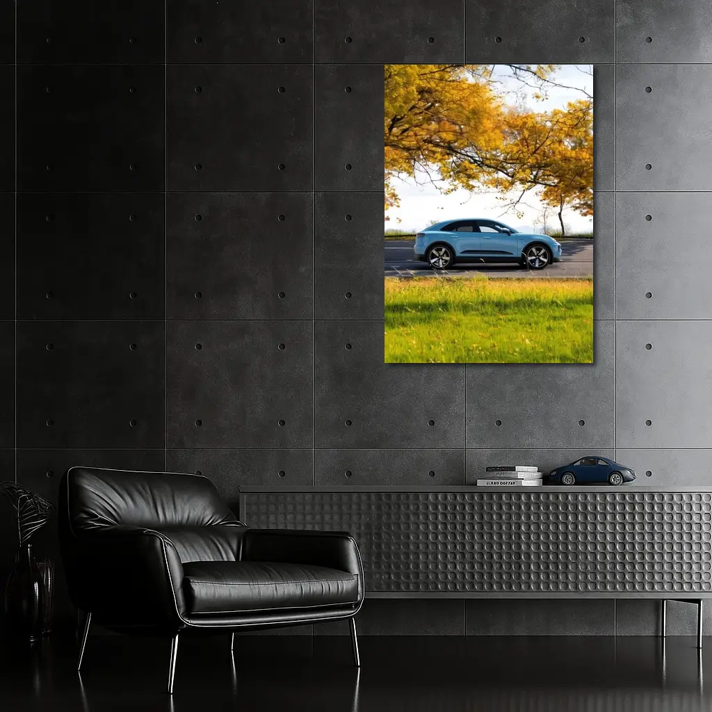 Porsche Macan Blue Side Profile Autumn Trees – Wall Art