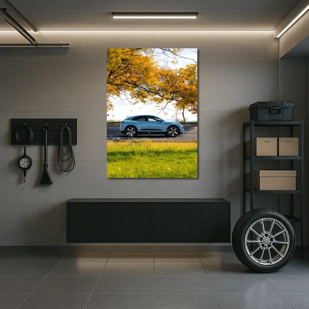 Porsche Macan Blue Side Profile Autumn Trees – Wall Art