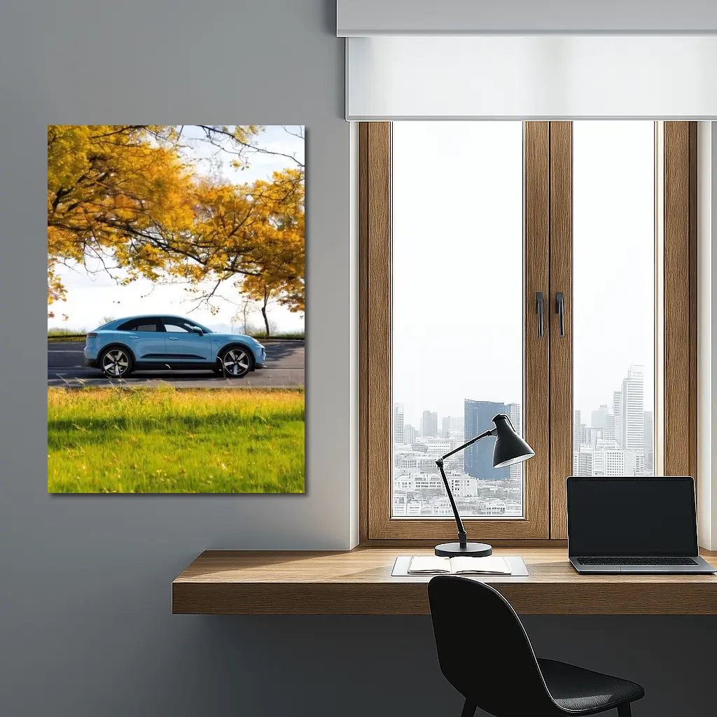Porsche Macan Blue Side Profile Autumn Trees – Wall Art
